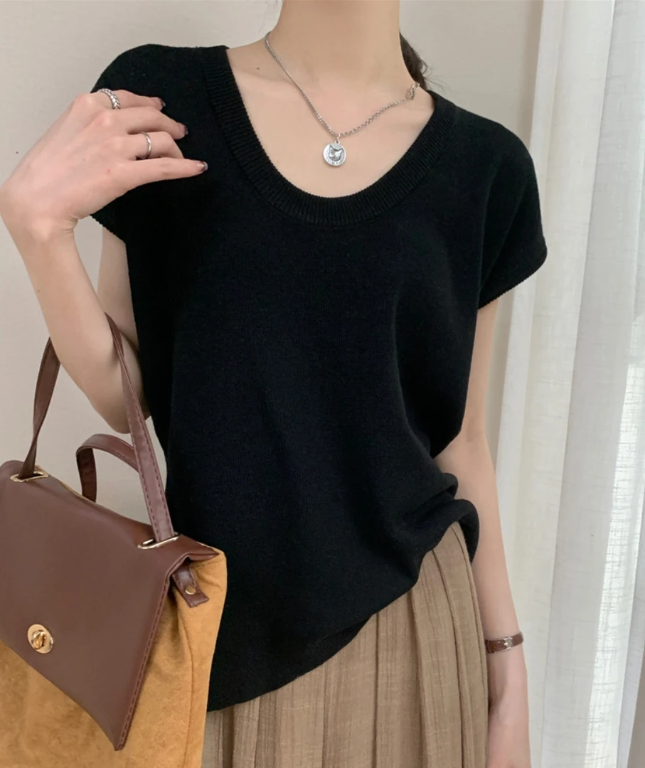 U领短袖针织衫女夏季2025薄款休闲宽松内搭上衣时髦打底T恤