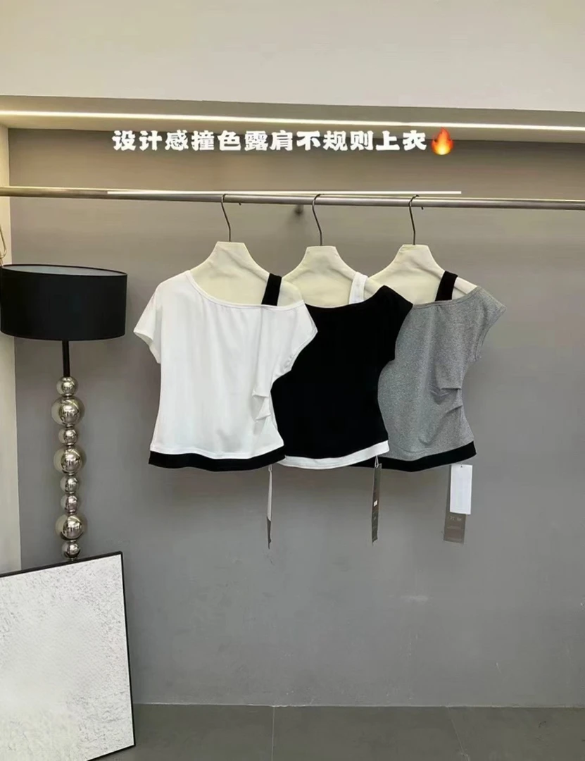 【蜜蜜家】夏季新款设计感撞色露肩不规则短袖