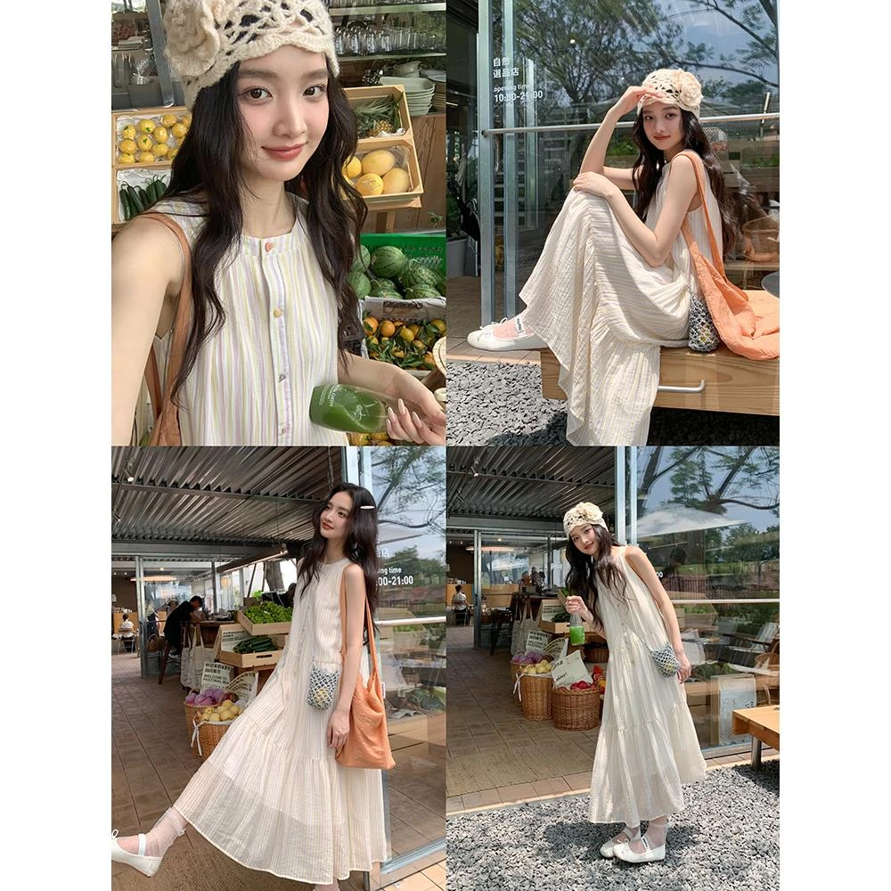 2025上新 减龄圆领条纹无袖连衣裙女夏天巨好看长裙海边度假宽松