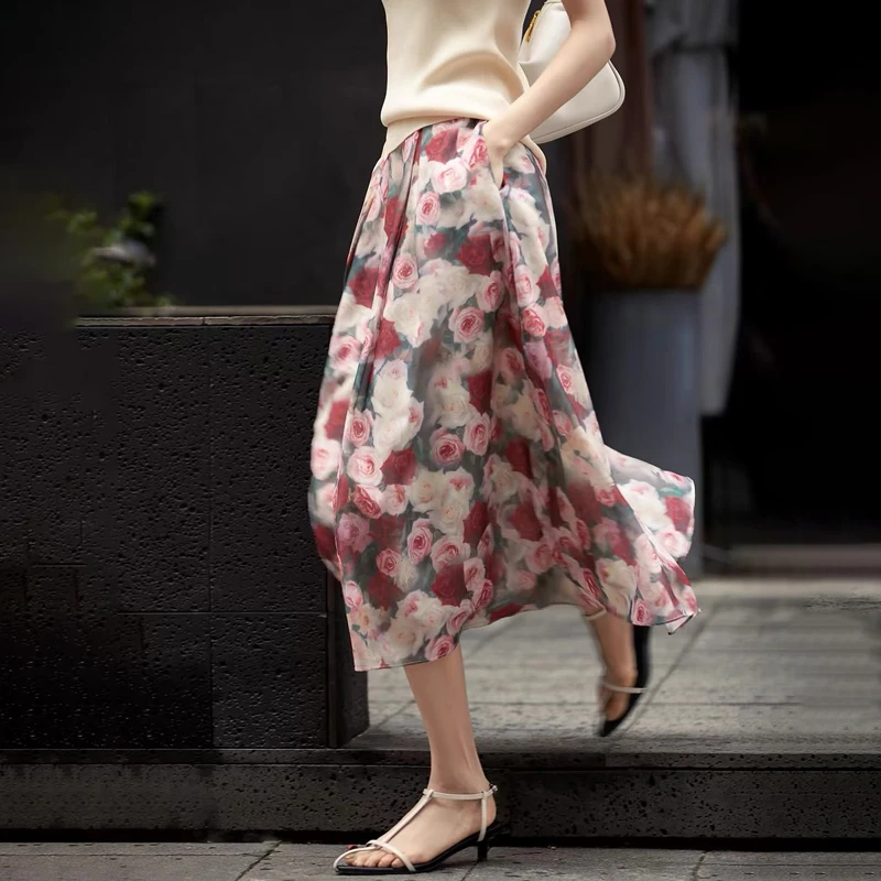 品哥弟新夏季优雅蔷薇印花A字碎花半身裙女气质百搭中长裙