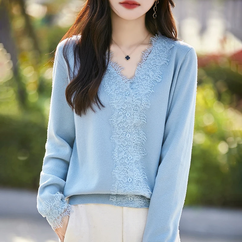 精纺羊毛蕾丝针织衫春秋时尚长袖洋气打底衫春季百搭气质羊毛衫女