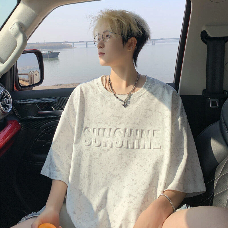 夏季短袖男款宽松钢印五分袖衣服青少年学生半袖体恤美式风T恤男