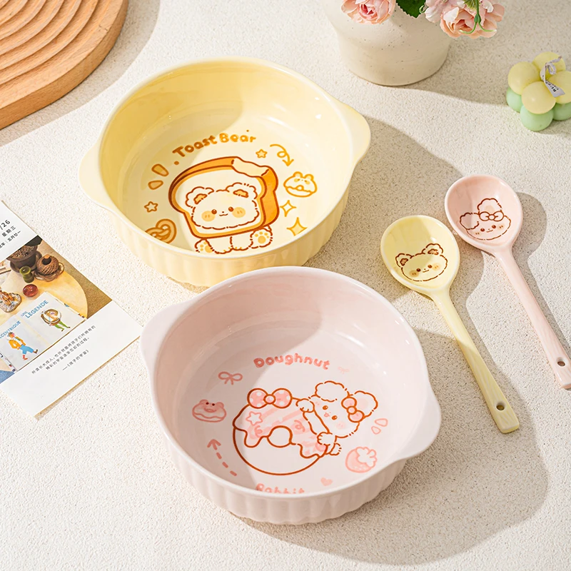 【釉下彩】2碗2勺陶瓷饭碗日式学生双耳创意网红可爱家用大号宿舍