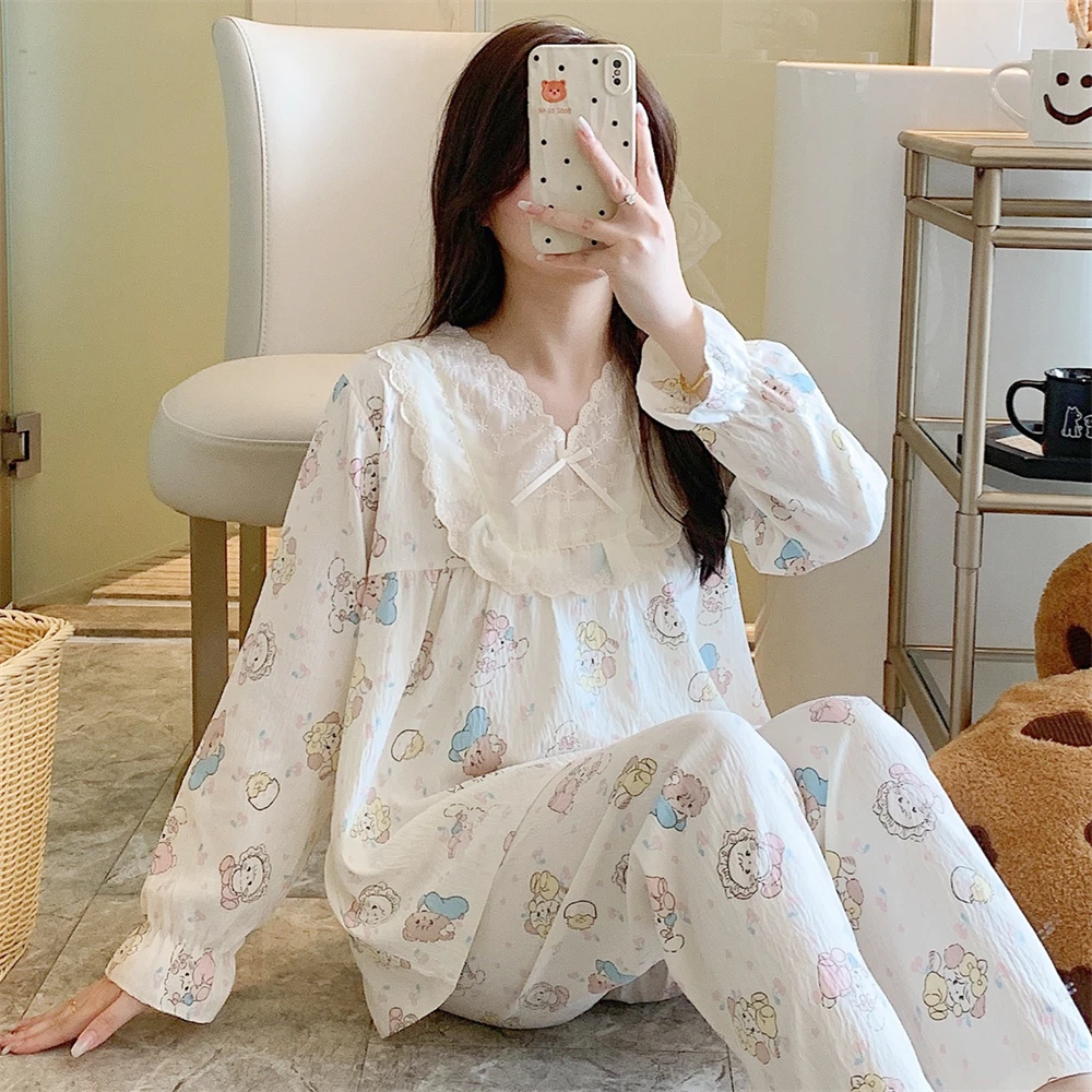 云朵棉新款睡衣女长袖长裤两件套装可外穿蕾丝花边简约印花家居服
