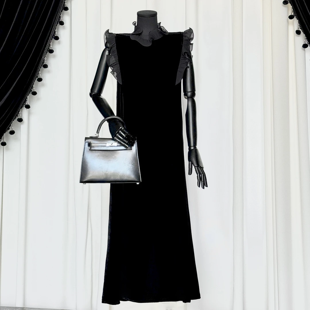 黑色荷叶边优雅高端连衣裙气质显瘦高级感十足