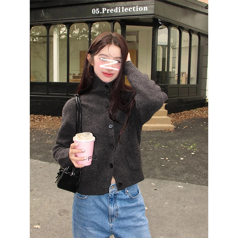 舒芙蕾秋冬针织开衫长袖立领外套纯色毛衣