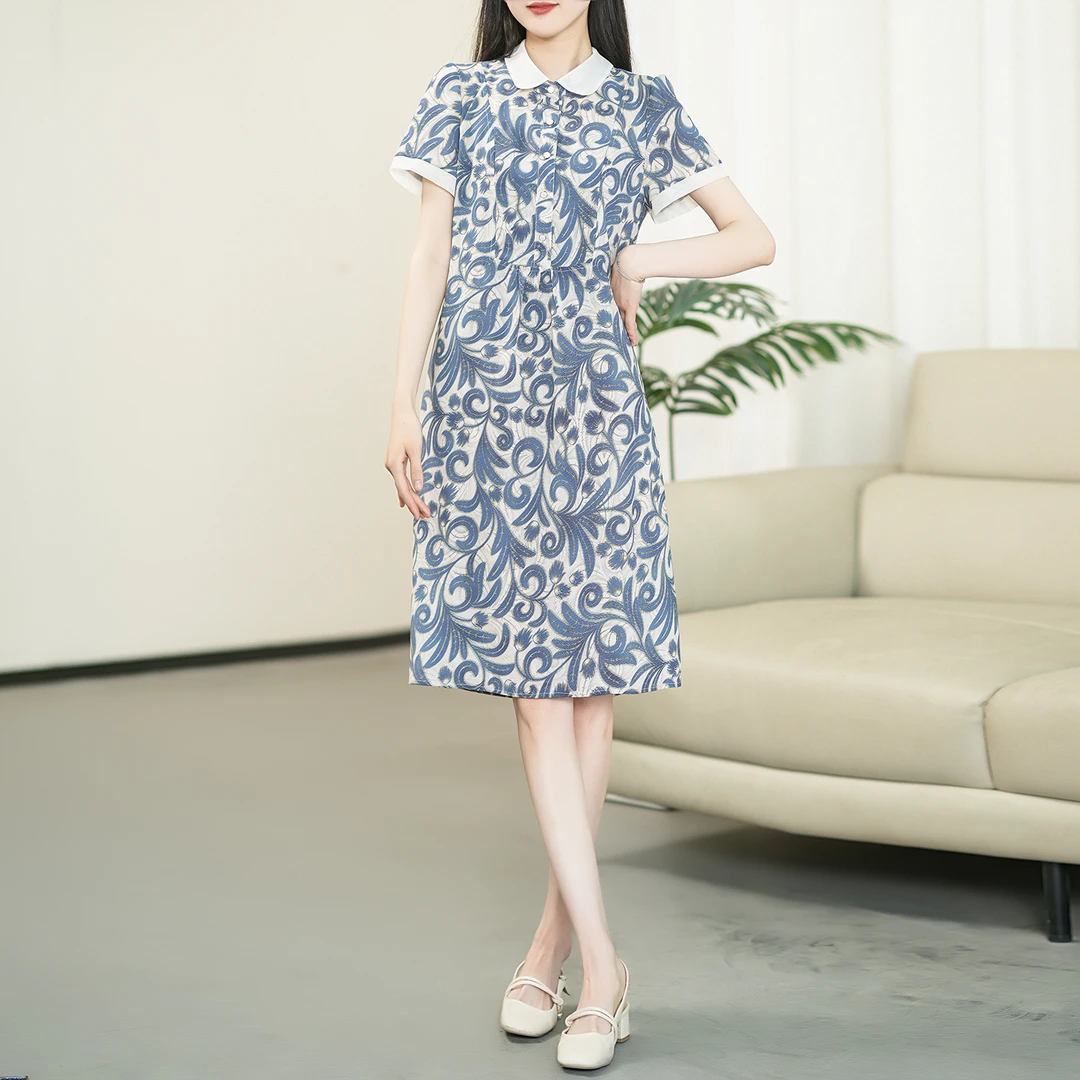【夏季新款】法式时尚气质印花显瘦撞色翻领连衣裙CS6226  裙长101