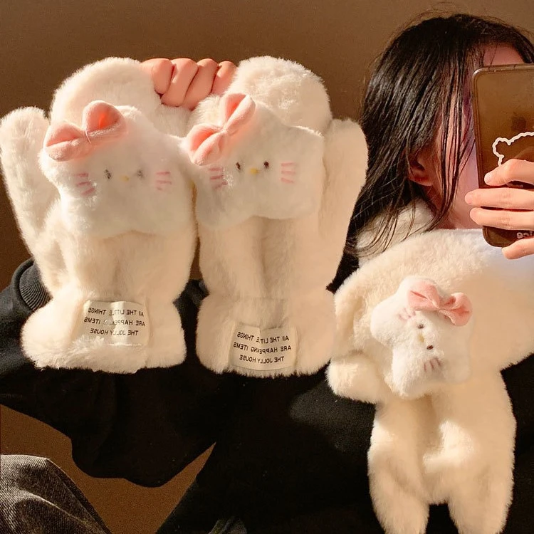 可爱星星猫咪毛绒手套女生冬季保暖加绒加厚挂脖学生户外骑行手套