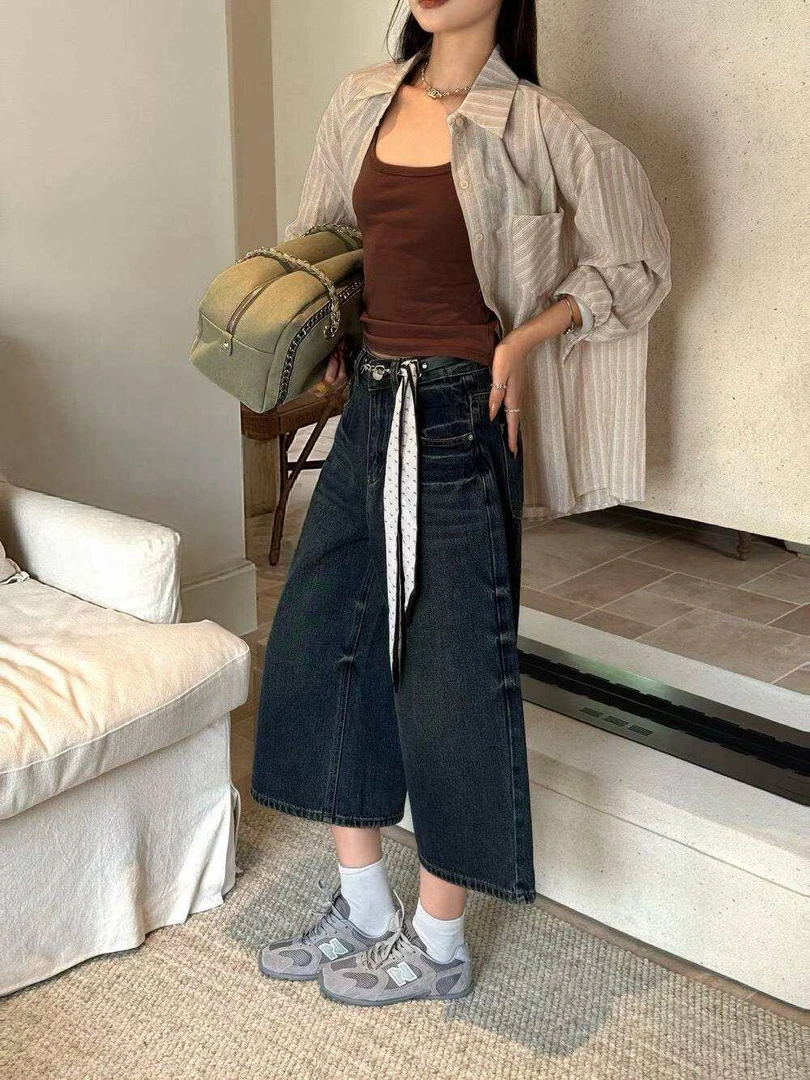凡Fan【深蓝七分】2025早秋新款简约美式复古牛仔裤女百搭七分裤