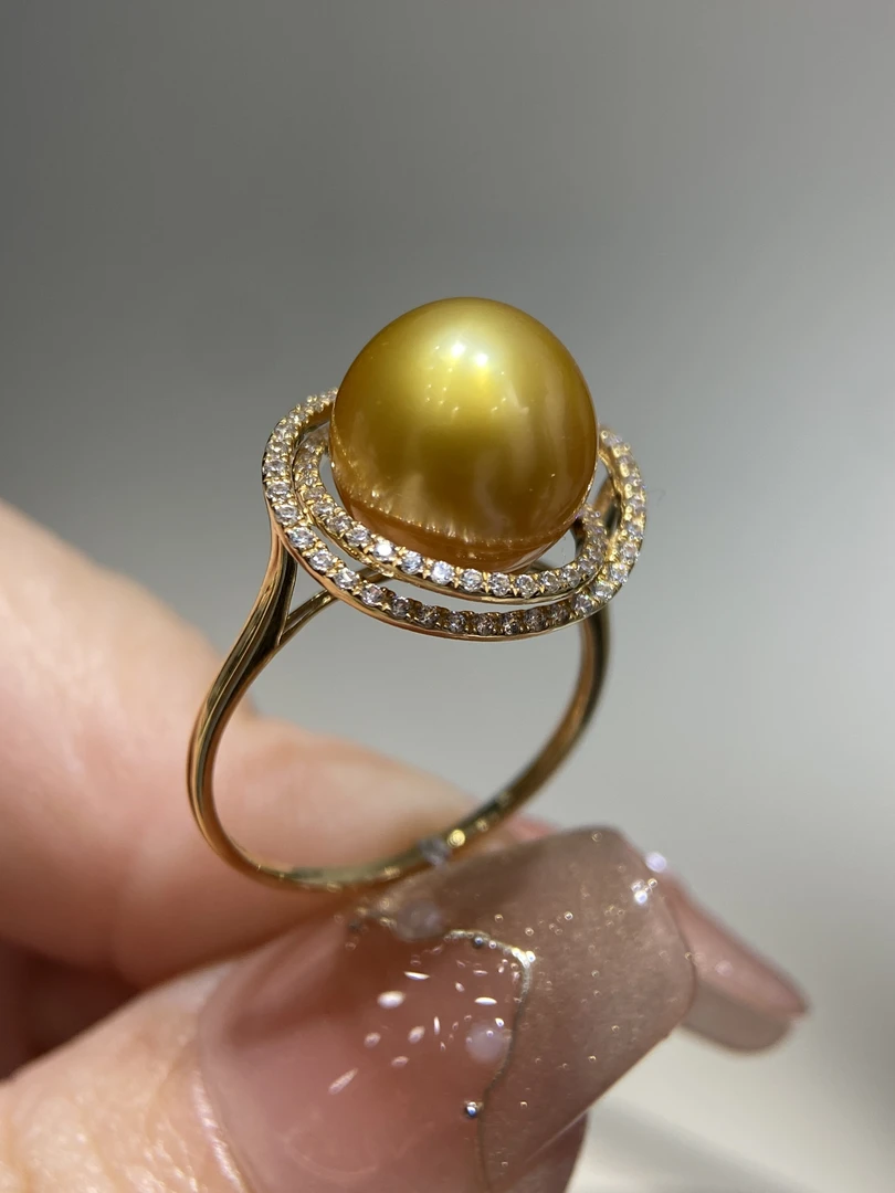 天然海水南洋金珠珍珠18k金三生三世款戒指10-11mm
