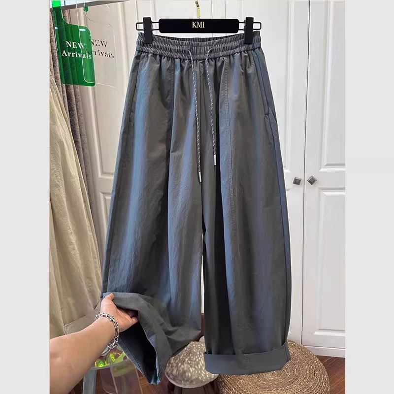 雪千羽松紧腰抽绳弯刀休闲裤女春秋气球裤宽松小个子褶皱垂感阔裤