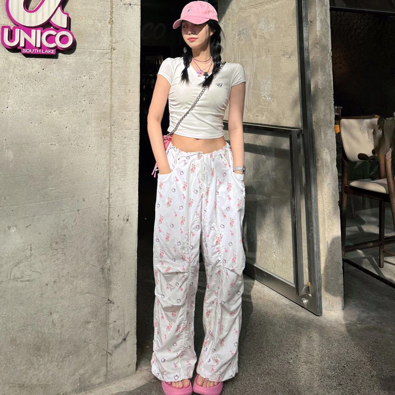 Jennie同款碎花直筒裤薄款甜辣风休闲宽松长裤伞兵裤女