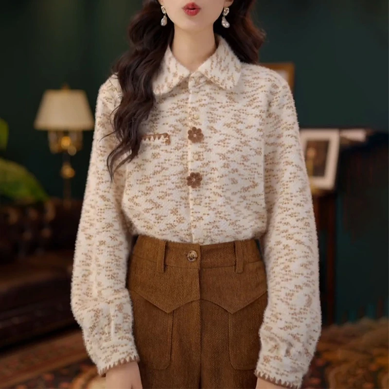 港风复古针织开衫女2025冬季新款慵懒风软糯宽松显瘦洋气花朵上衣
