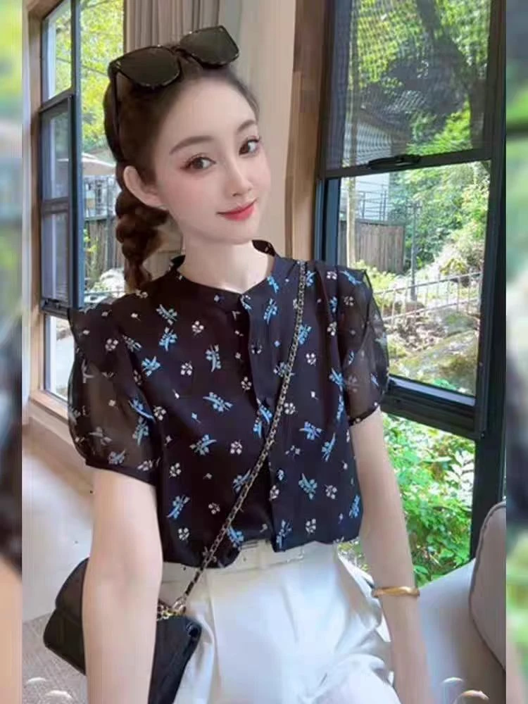韩版气质减龄碎花短袖衬衫女装2025夏季新款休闲显瘦独特漂亮上衣
