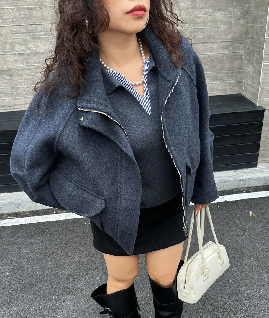 【LaLin】冬季厚款气质高级双面毛呢酷飒时尚短款羊毛外套