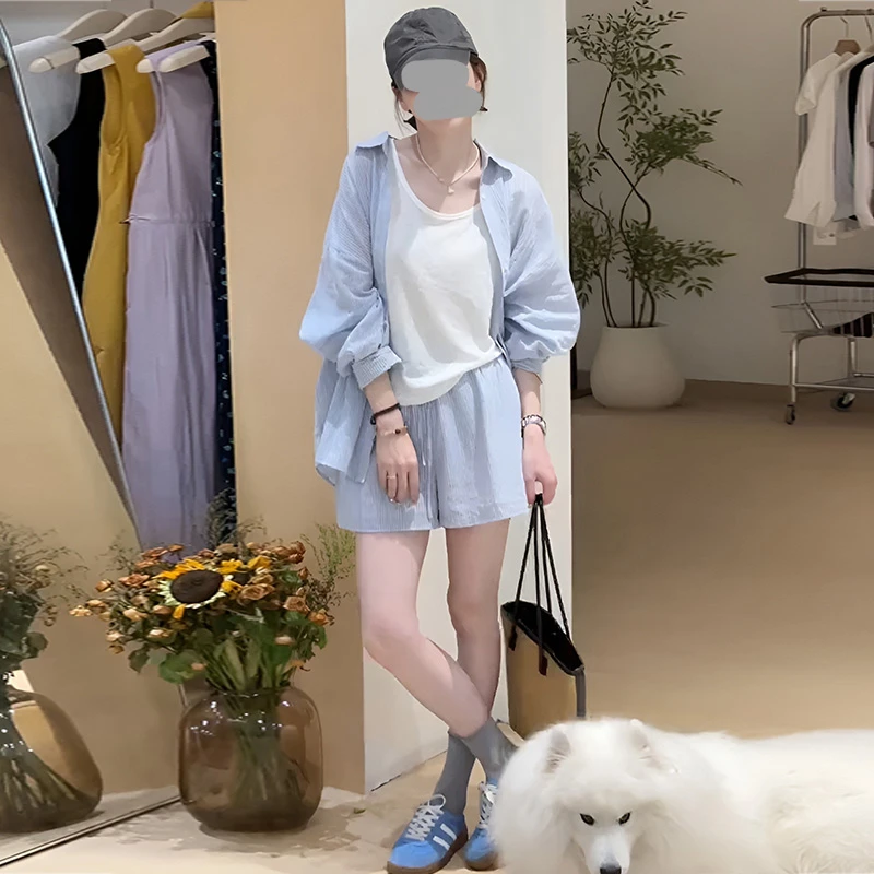 韩版时尚休闲运动套装女2025夏季洋气减龄背心衬衫宽松短裤三件套