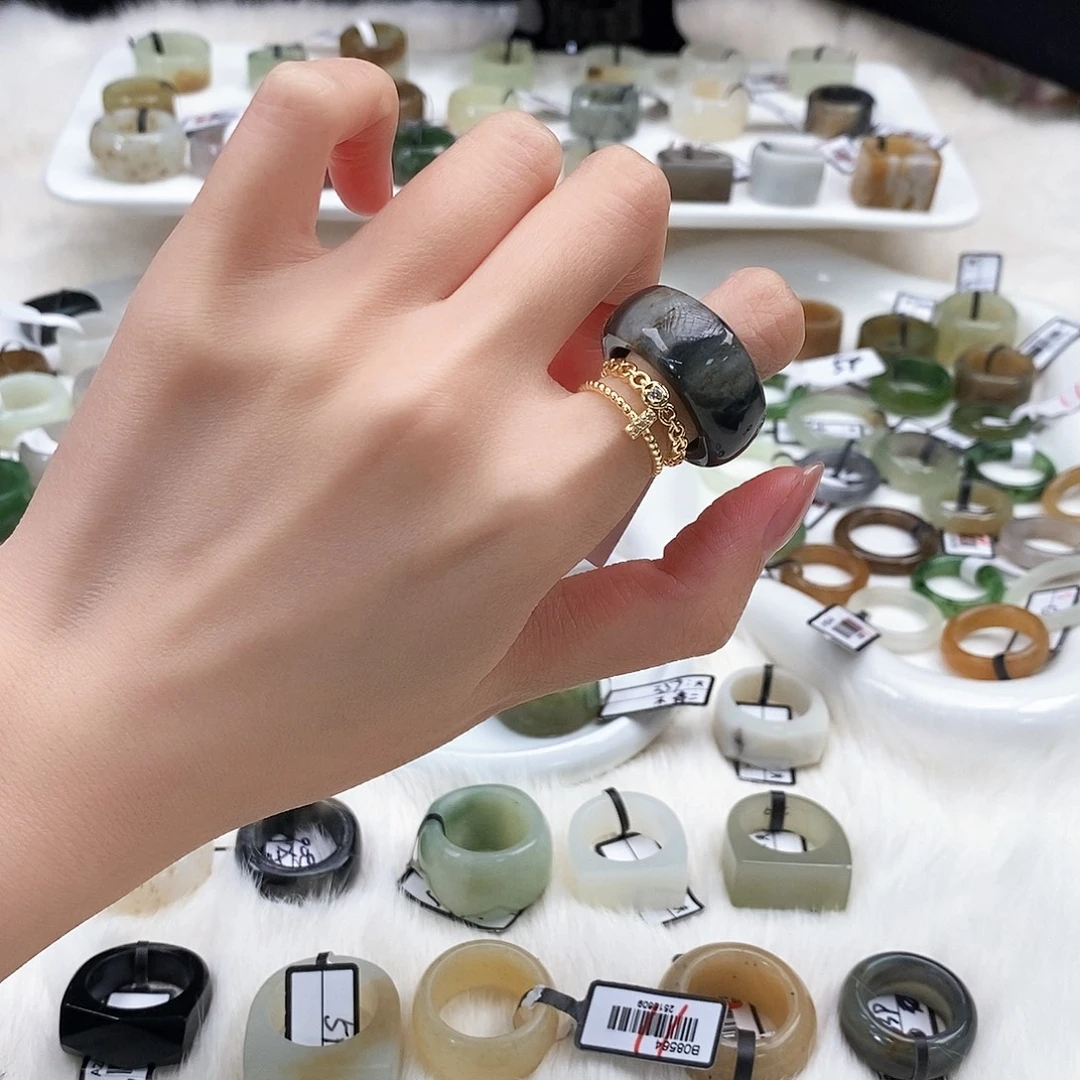 和田玉（糖玉）未镶嵌戒指k35 青花方圆 17.5