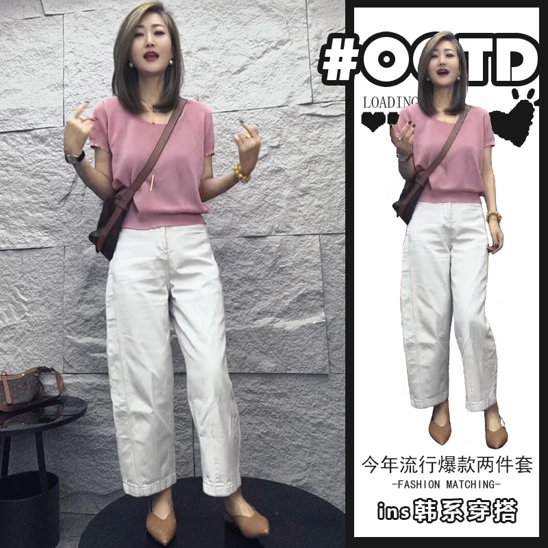 夏季套装女装2025新款法式撞色圆领短袖上衣显瘦遮肉休闲裤两件套