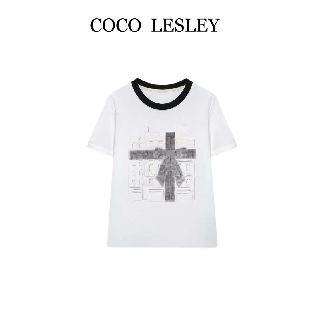 【COCO LESLEY】66986#蝴蝶结印花T恤衫2025百搭显瘦设计师个性上衣