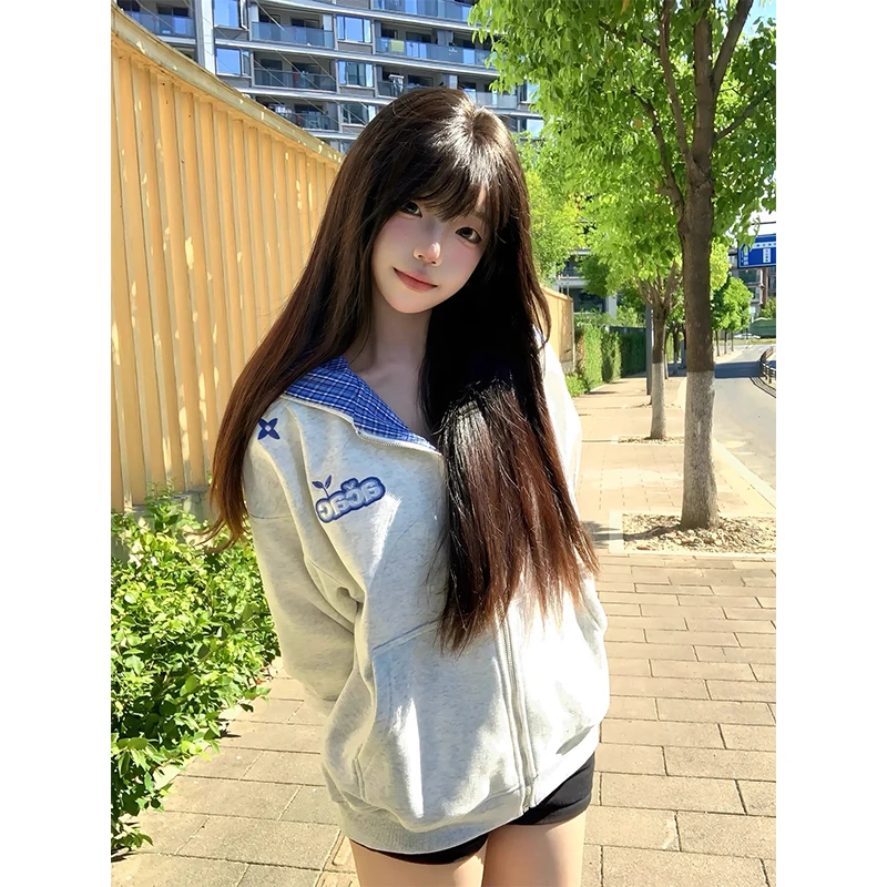 美式复古格子拼接开衫外套男女秋冬季新款国潮牌重磅情侣卫衣