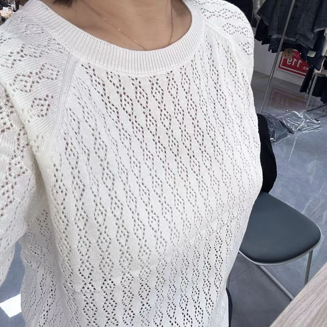 女士圆领插肩袖镂空短袖针织衫