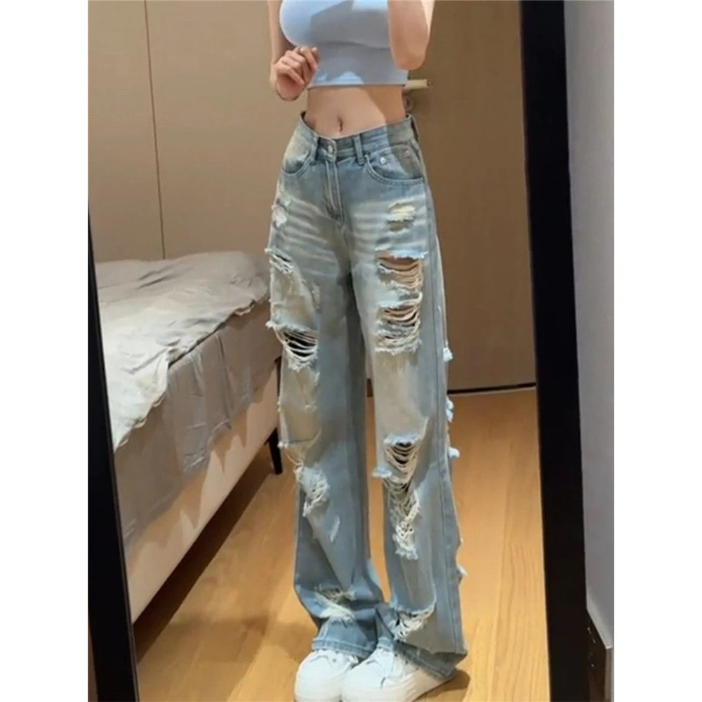 La Chapelle/拉夏贝尔复古直筒破洞牛仔裤夏季薄款高个子加长裤