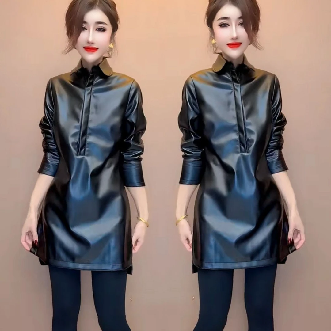 高级感轻奢时髦中长连衣裙女2025秋冬新款时尚翻领宽松百搭PU裙