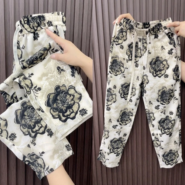 7888碎花散腿裤女25年夏季新款九分韩版宽松哈伦高腰百搭外穿防晒