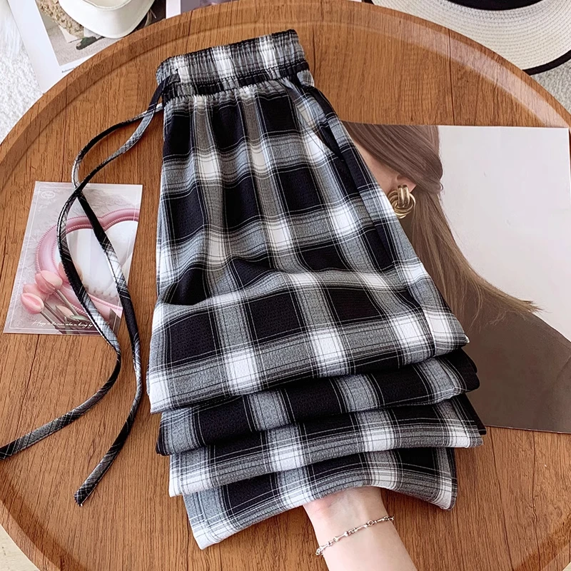 拉夏贝尔阔腿裤女夏季高腰垂感黑白格子裤显瘦百搭休闲宽松直筒裤