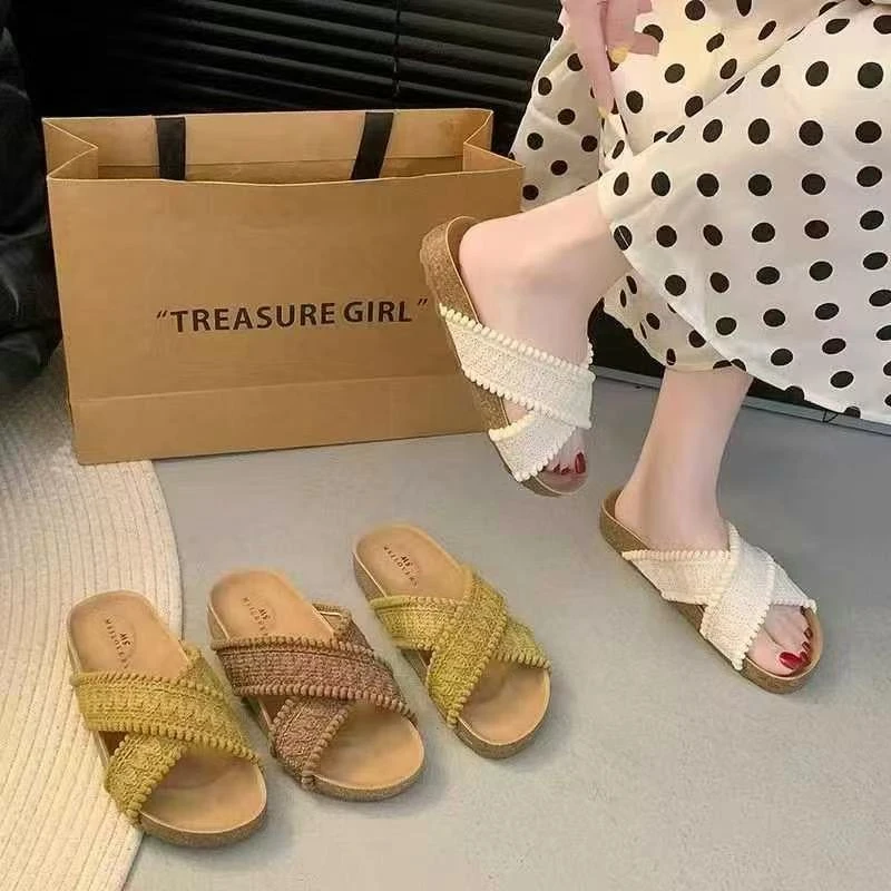 慵懒风交叉编织带平底露趾新款度假外穿拖鞋611-1