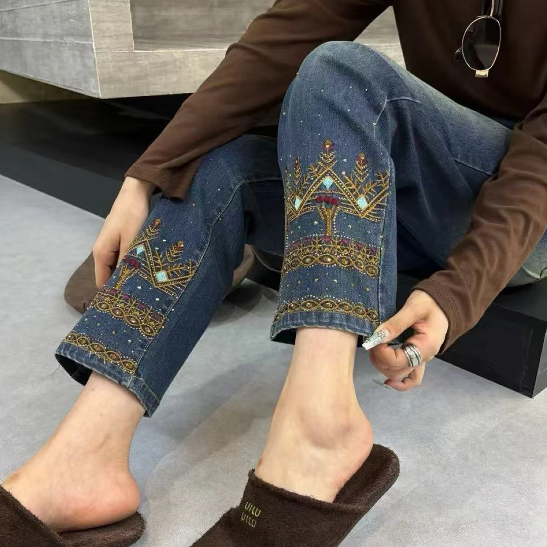 YY大码(满满星钻)直筒高腰时尚百搭韩版重工洋气牛仔裤