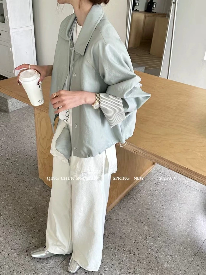 韩系复古卷边拼接条纹PU皮衣外套2025早春新款宽松休闲夹克上衣女