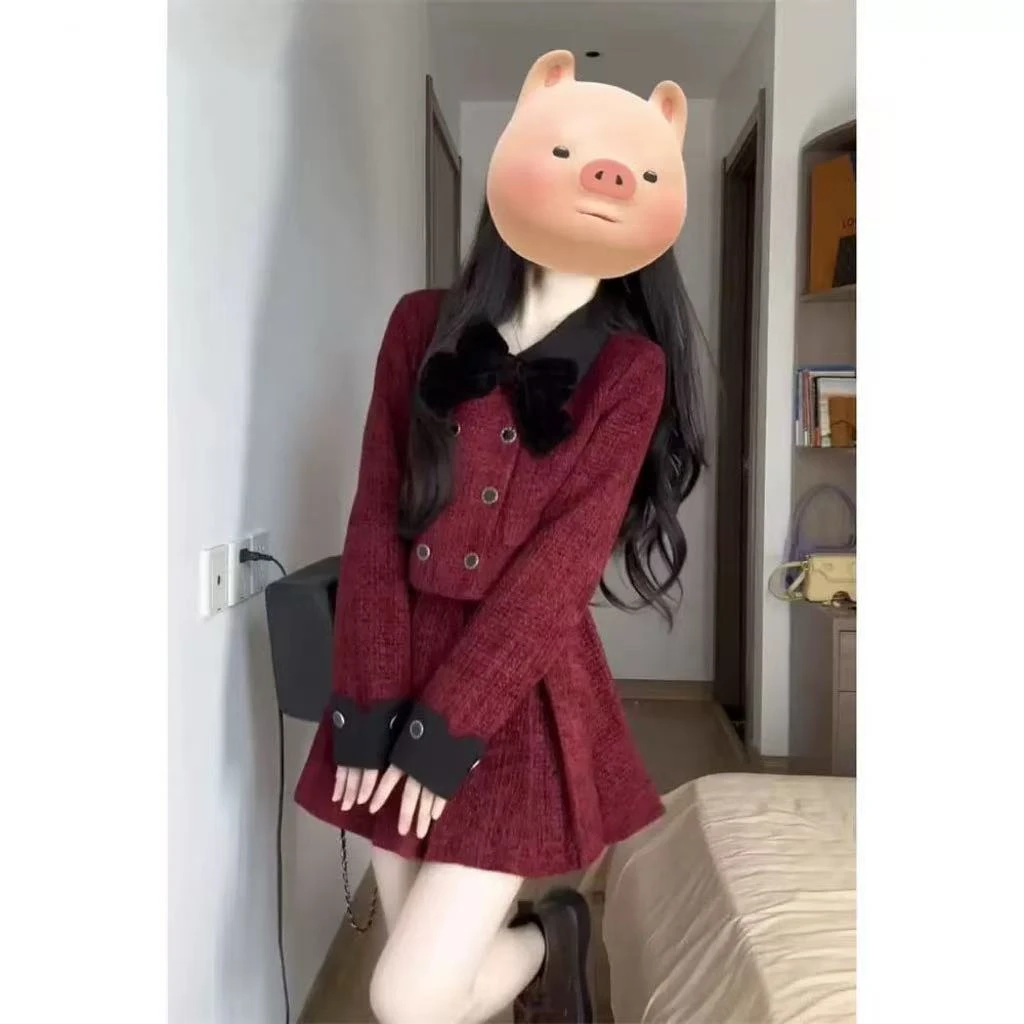 小香风气质名媛时尚套装女装复古翻领秋季红色秋冬