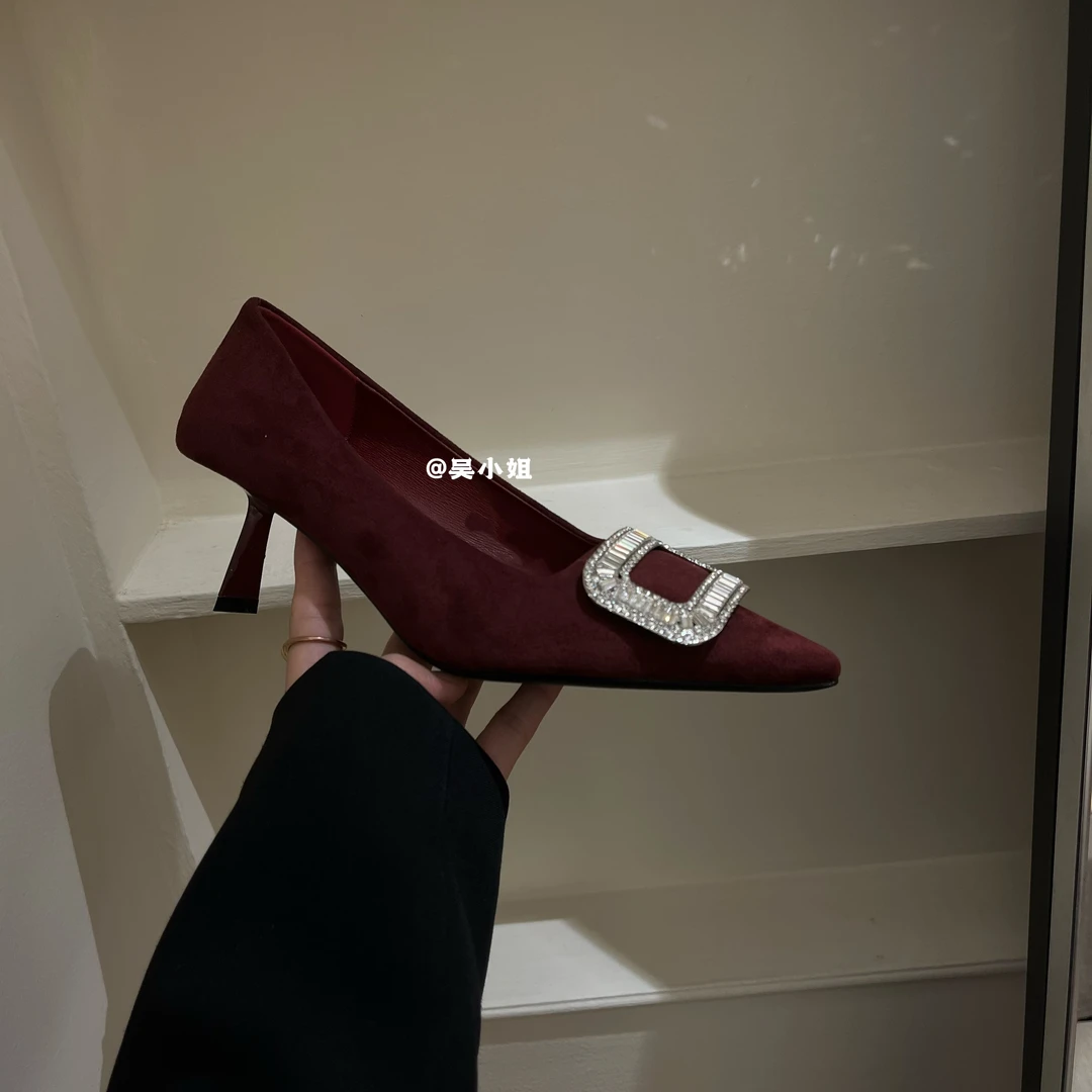 2025春季新款气质百搭方扣水钻法式高跟鞋细跟尖头浅口网红女鞋