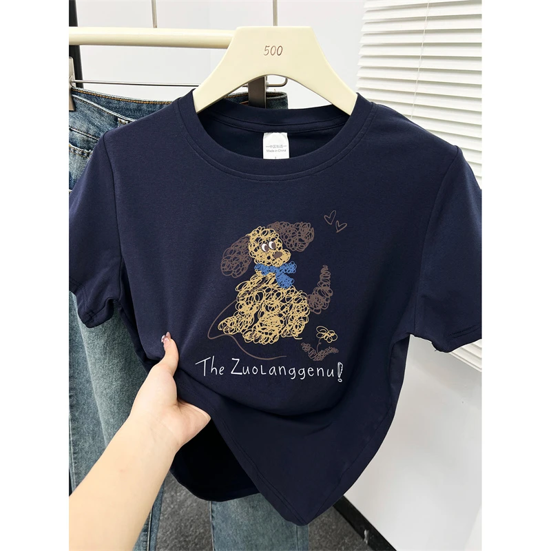 正肩大码圆领短袖t恤女夏季韩版设计感洋气小狗印花超好看上衣潮
