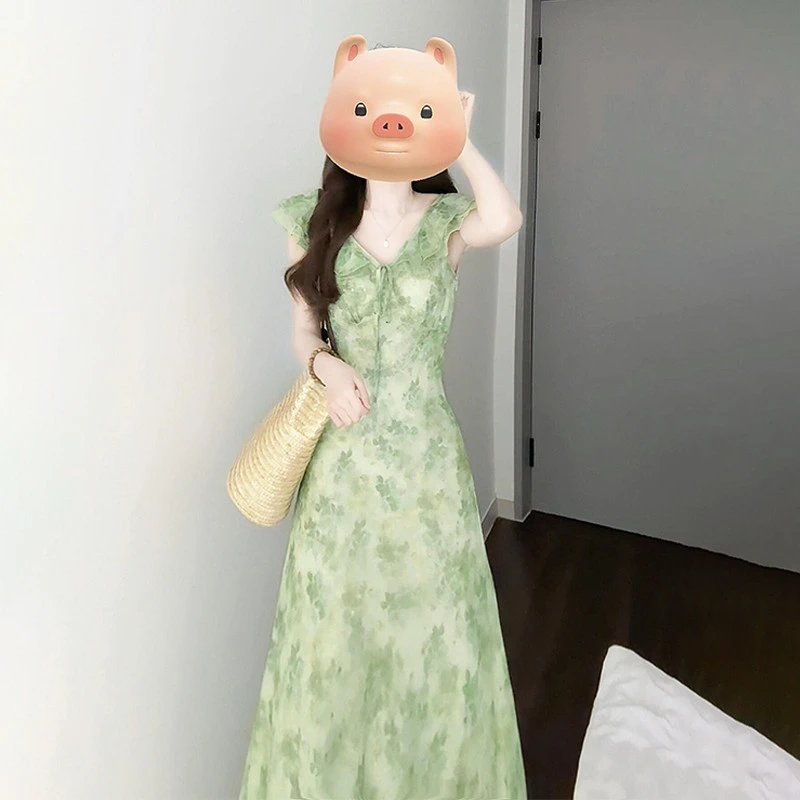 法式漂亮独特气质绿色收腰碎花连衣裙长裙女夏日绝美氛围感小裙子