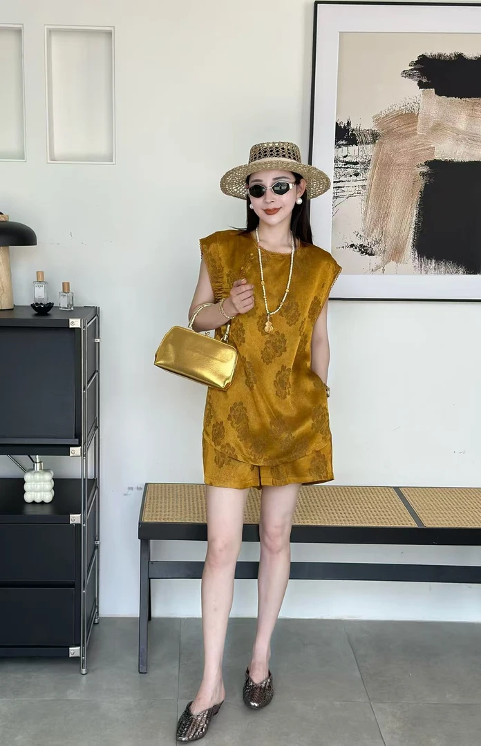 高定夏季新中式黄色花螺短袖上衣短裤女士两件套装yuu79861TZ-8