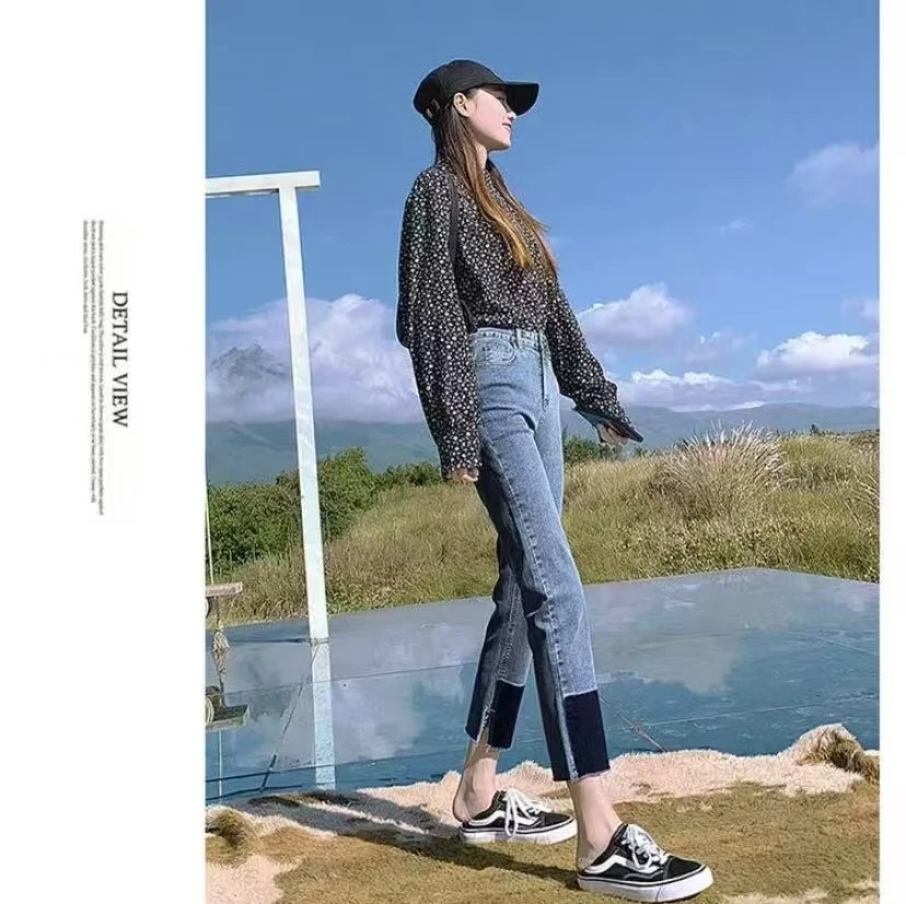 1088【裤长87】2025春夏新款直筒九分裤女宽松开叉百搭弹力撞色烟管