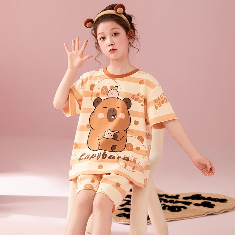 女孩休闲卡通短裤夏天莫代尔新款家居儿童2025学生服套装薄款夏季