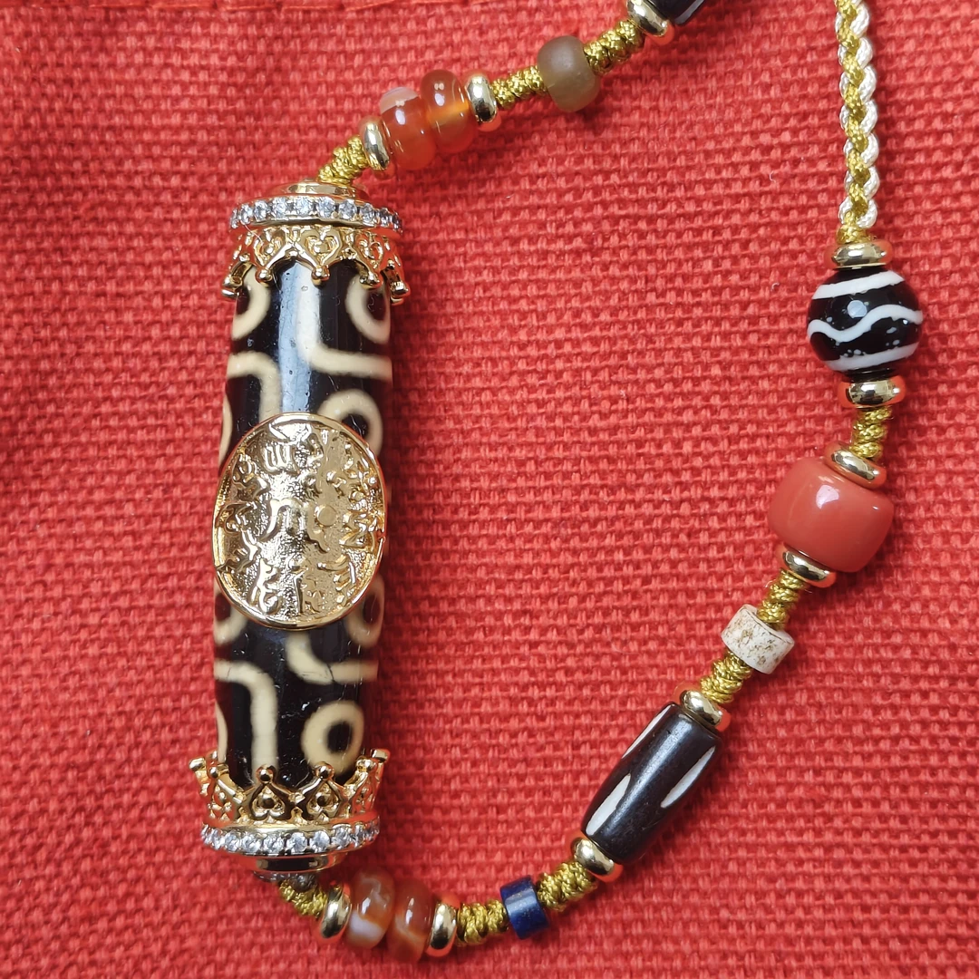 吊坠925银皮质 黄财神心咒珠珠项链吊坠