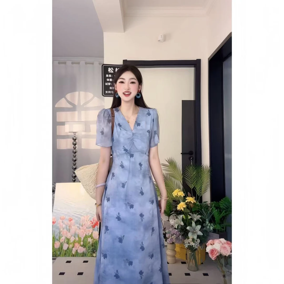 系带灯笼袖常规大码连衣裙中长裙短袖百搭