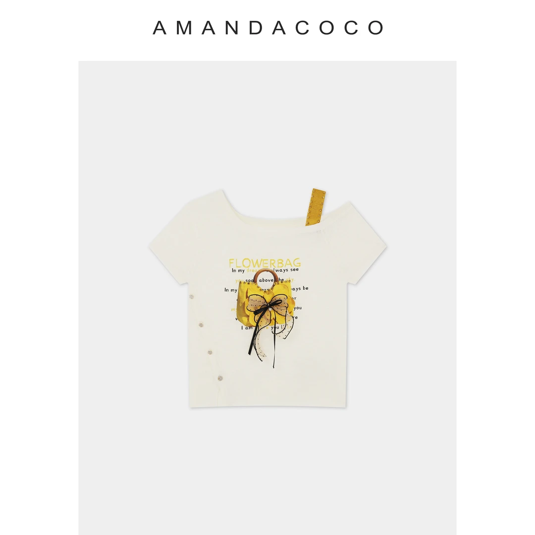 奈奈# 浪漫花楹～薄款钉钻手包印花蝴蝶露肩短袖针织衫