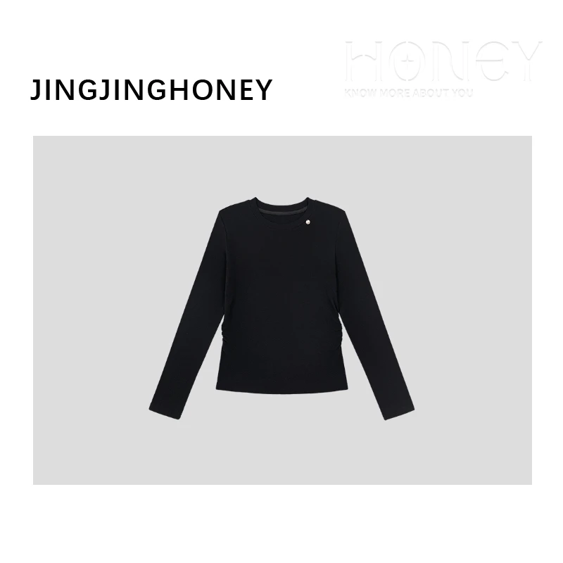 静静哈尼 【修身圆标长袖T恤】新款显瘦抓绒打底衫长袖T恤T825109