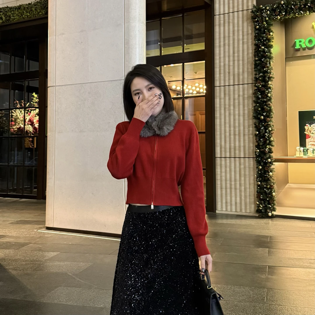 【北北】慵懒风红色毛领针织开衫女秋冬新款百搭显瘦上衣