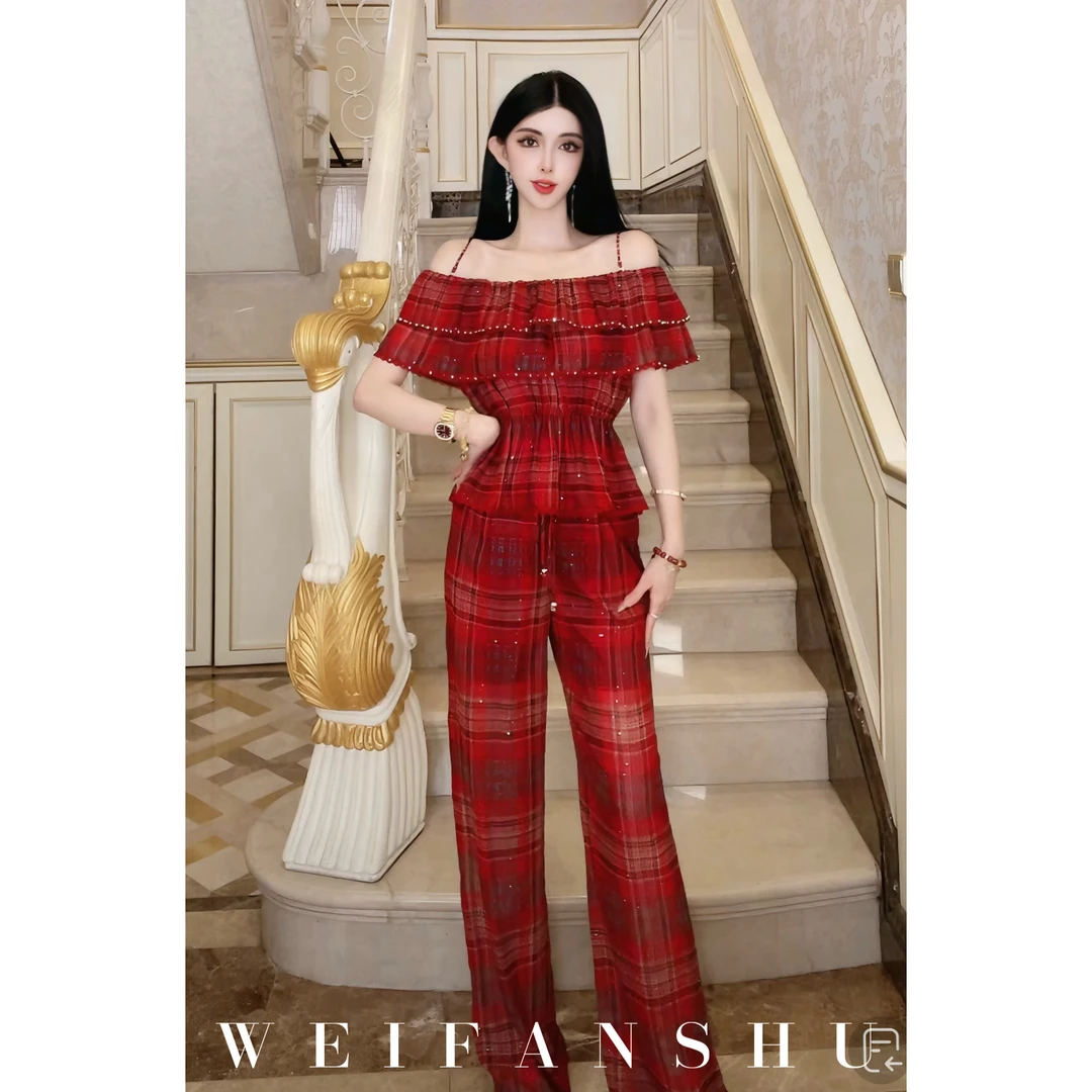 WEIFANSHU/魏凡舒【甜妹预警】夏季新款设计感复古一字肩格子套装
