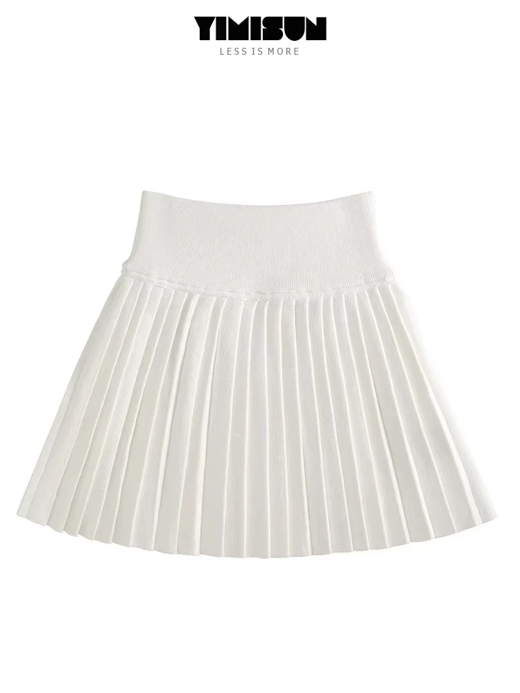 新款简约纯色针织裙女弹力松紧腰显瘦A字百褶半身裙