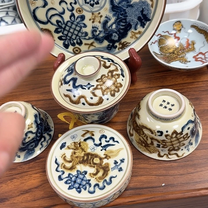 瓷片釉里金狮子5件套景德镇