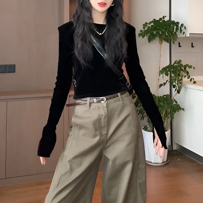 韩版休闲时尚套装春秋2025新款修身黑色长袖T恤阔腿裤两件套