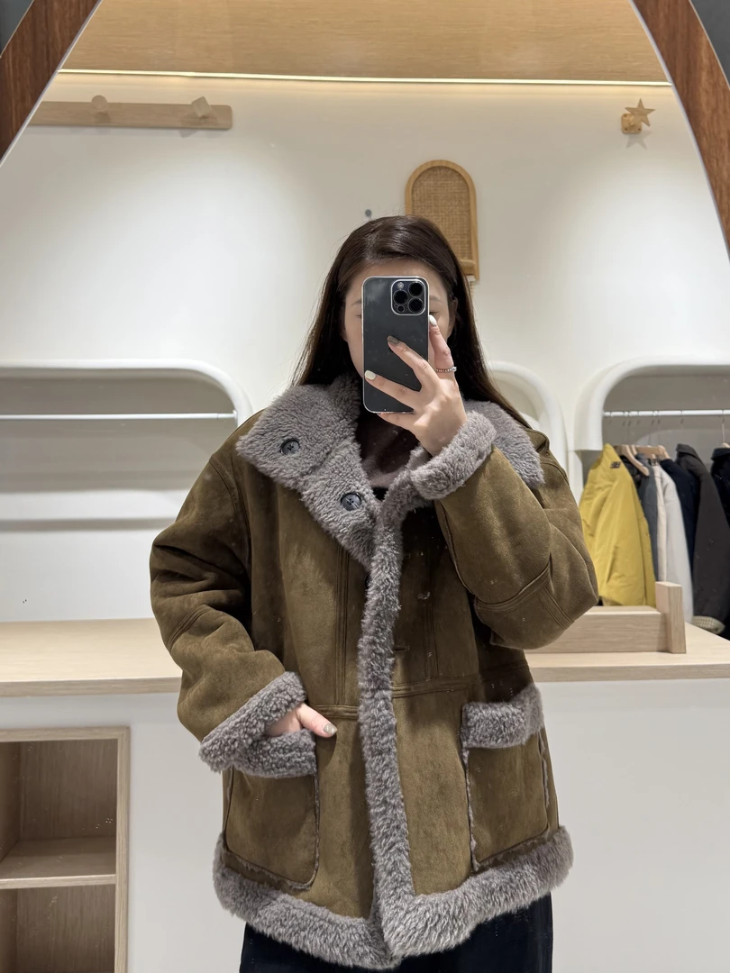 （简麻）冬季皮毛一体两面穿落肩袖百搭时尚中长款保暖纯色J123