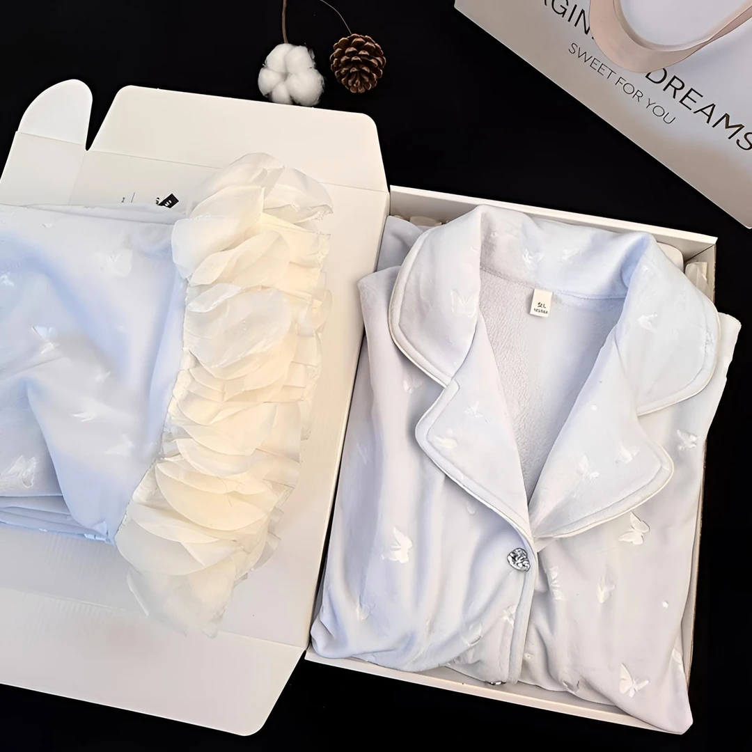 海岛绒睡衣女新款秋冬加绒高级感蝴蝶结家居服套装送闺蜜生日礼物